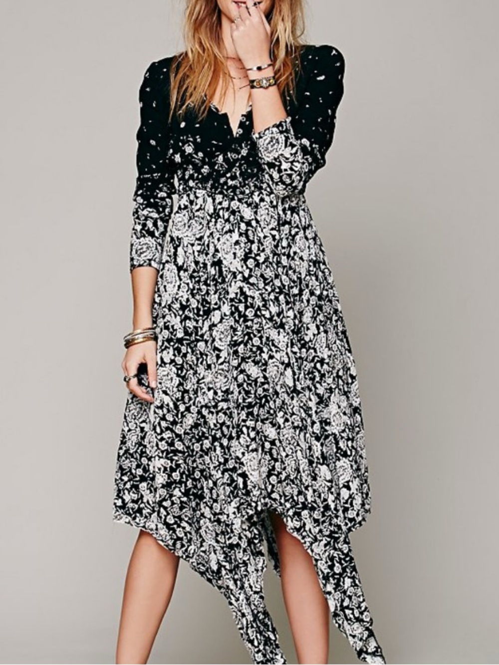 Free People Lavina Foral Ombre Button Up Long Sleeve Asymmetrical Hem Midi Dress